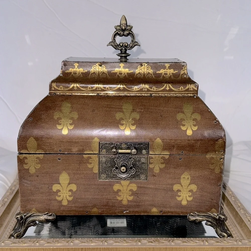 Vintage Fleur De Lis Broach Box Jewelry Casket Storage Box French Louis Rococo